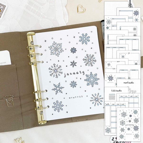 January - Snowflakes theme - Monthly Planner Undated - 16 hand-drawn pages