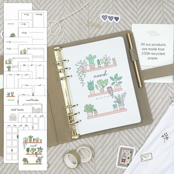 March - Plants theme - Monthly Planner Undated - 16 hand-drawn pages