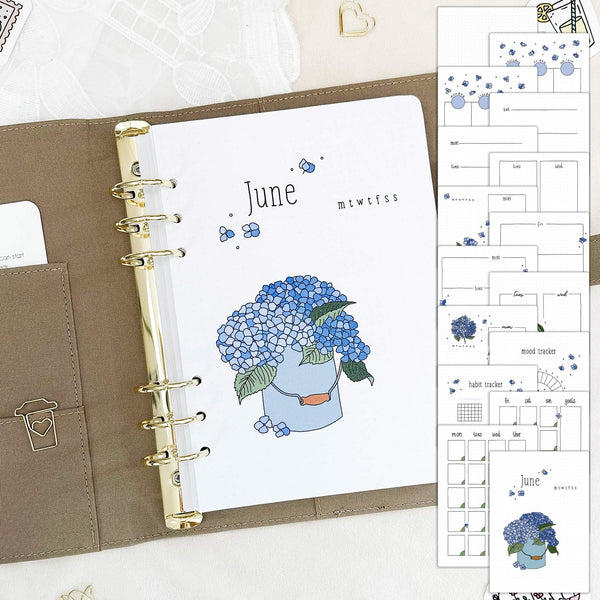 June - Hydrangeas theme - Monthly Planner Undated - 16 hand-drawn pages