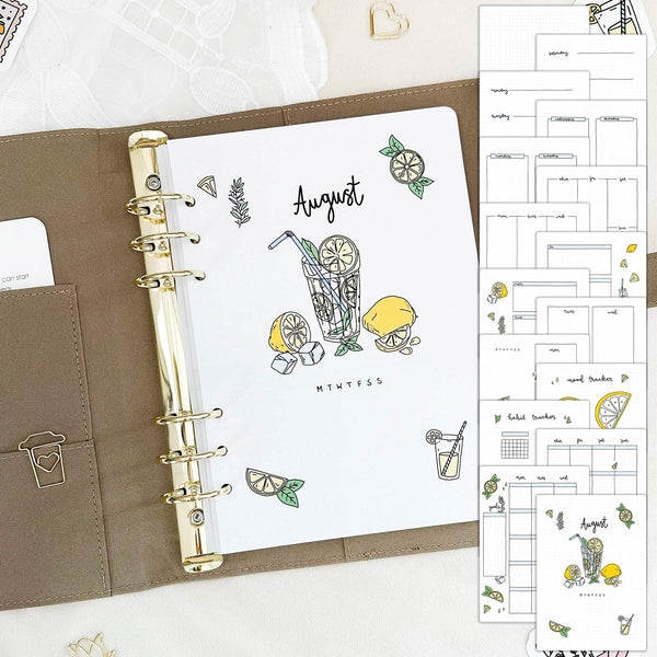 August - Lemon theme - Monthly Planner Undated - 16 hand-drawn pages