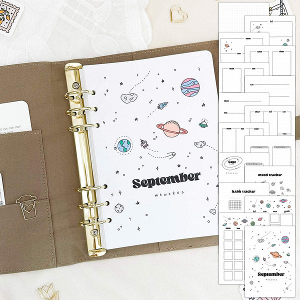 September - Planets theme - Monthly Planner Undated - 16 hand-drawn pages